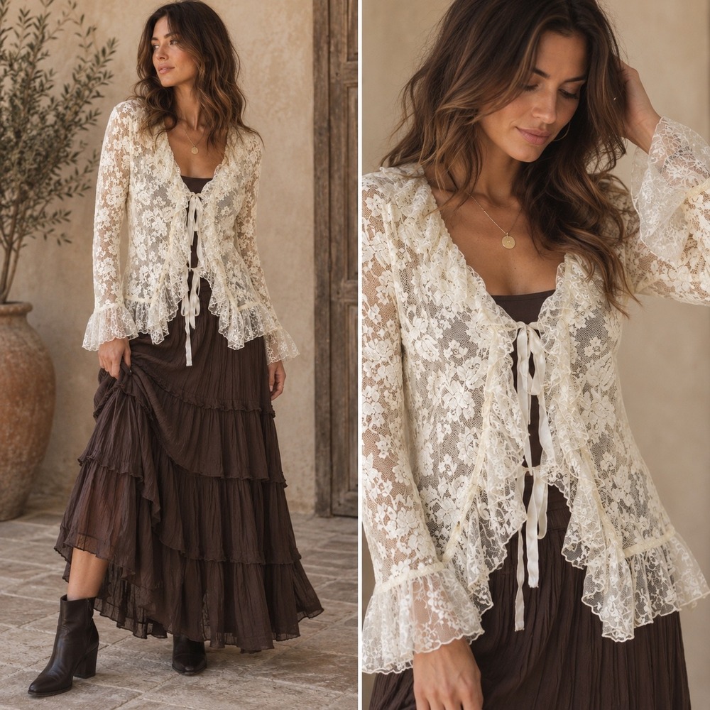 Marrika Nakk Lace Ruffles Cardigan S/M Cream Victorian Fairycore Whimsygoth